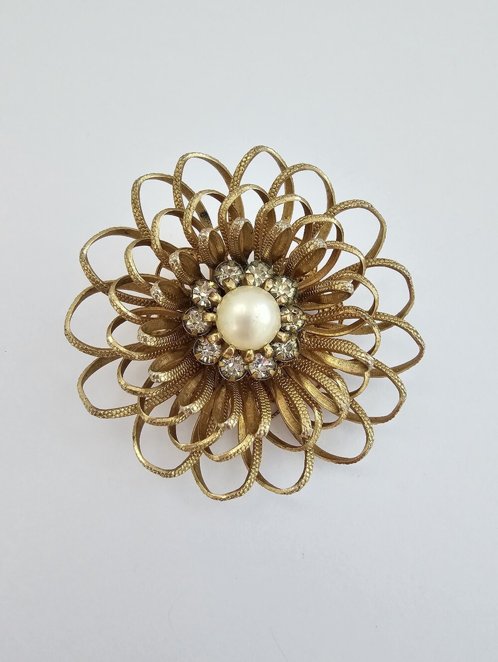 Vintage 3D Layered Gold Wire Flower Brooch, Faux Pearl & Rhinestone Sunburst